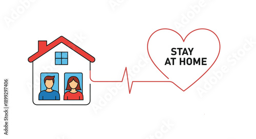 Educational illustration with a Stay at Home message featuring a house icon with a family inside and a heart line representing care and health.