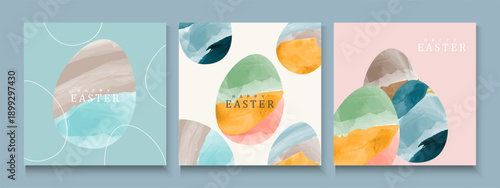Happy Easter greeting card poster collection with Elegant and trendy design template for Easter holiday. minimalist Watercolor  background with eggs for ads, cover, social media  and web flayer.