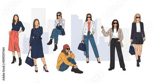 Diverse group of fashionable women posing in various outfits and sunglasses against a minimalist city skyline background for a style concept.