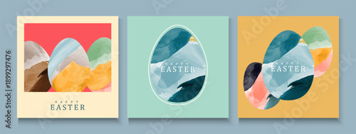 Happy Easter greeting card poster collection with Elegant and trendy design template for Easter holiday. minimalist Watercolor  background with eggs for ads, cover, social media  and web flayer.