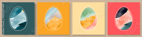 Happy Easter greeting card poster collection with Elegant and trendy design template for Easter holiday. minimalist Watercolor  background with eggs for ads, cover, social media  and web flayer.