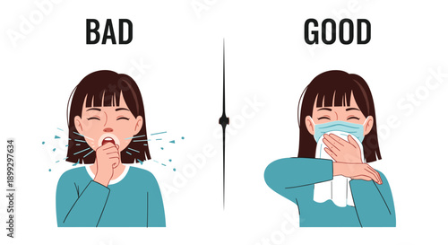 Comparative illustration showing a bad way to cough in public versus a good way using a tissue or a mask to prevent the spread of illness.