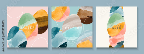 Happy Easter greeting card poster collection with Elegant and trendy design template for Easter holiday. minimalist Watercolor  background with eggs for ads, cover, social media  and web flayer.