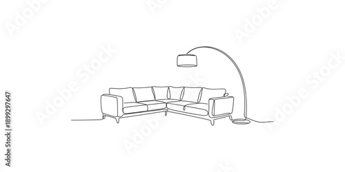 A simple and elegant continuous line drawing illustration of modern living room furniture