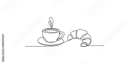 A continuous line art drawing of a steaming coffee cup and a delicious croissant representing breakfast time