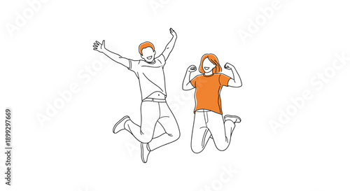 Energetic line drawing of a young man and woman jumping high in the air with their arms raised to express extreme joy, victory, or success.