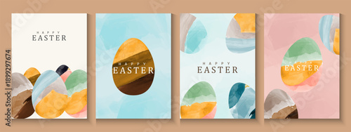 Happy Easter greeting card poster collection with Elegant and trendy design template for Easter holiday. minimalist Watercolor  background with eggs for ads, cover, social media  and web flayer.