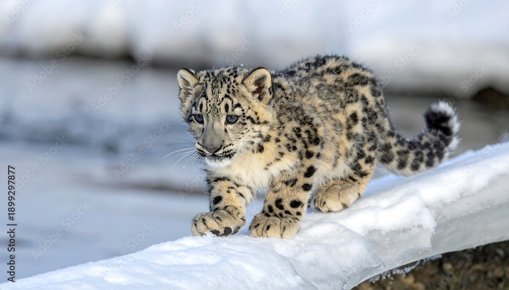 Obraz premium Snow leopard cub walking on snow.