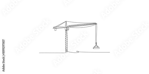 Simple continuous line art drawing illustrating a large tower crane at a construction site