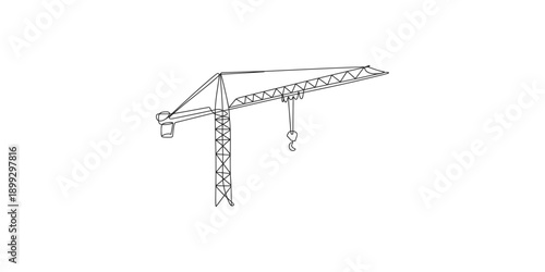 Minimalistic black line art drawing of a tower crane on a plain white background