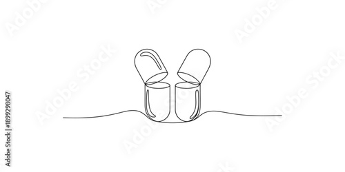 Minimalist single line art drawing of two opened medical capsules symbolizing medicine and healthcare