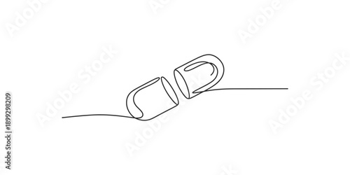 Continuous single line drawing of an open medical pill capsule for pharmacy logo