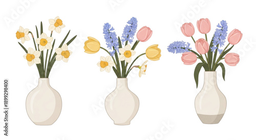 A vector graphic illustration of three vases with colorful flowers on a white background