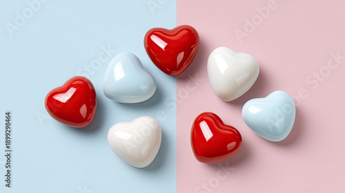 Colorful Heart-Shaped Decorative Objects in Shiny Red, White, and Light Blue Tones on a Soft Pastel Background for Valentine’s Day or Romantic Themes