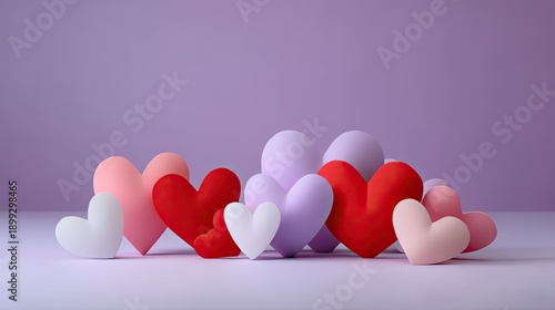 Colorful Heart Shapes in Various Sizes on a Soft Purple Background for Celebrations and Love Themes