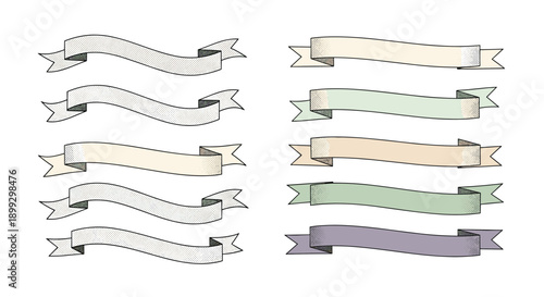 Collection of decorative ribbon banners in various colors and designs perfect for vintage headings, titles, or graphic labeling.