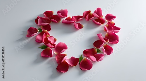 Heart Shape Created with Bright Pink Rose Petals on a Minimalist White Surface, Perfect for Romantic Themes and Love-Related Concepts in Photography