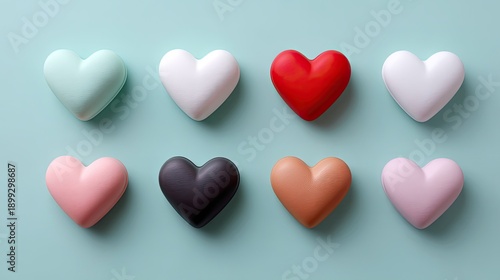 Colorful Heart-Shaped Objects Arranged in Grid Pattern on Pastel Background for Romantic or Creative Theme
