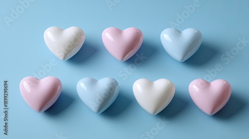 Colorful Heart-Shaped Objects on Soft Blue Background for Romantic, Valentine’s Day, or Love-Themed Projects and Designs Featuring Playful Aesthetic Appeal