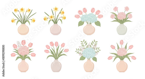 A set of eight colorful flower vases in a minimalist flat design style