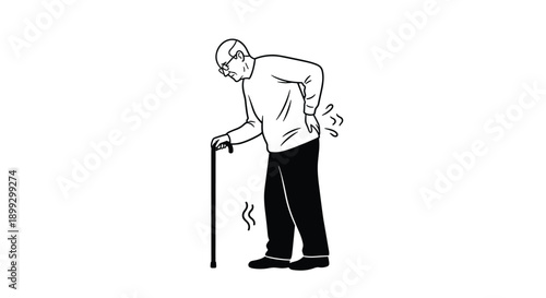 Elderly man bent over with back pain while leaning on walking cane in simple black and white line art illustration.
