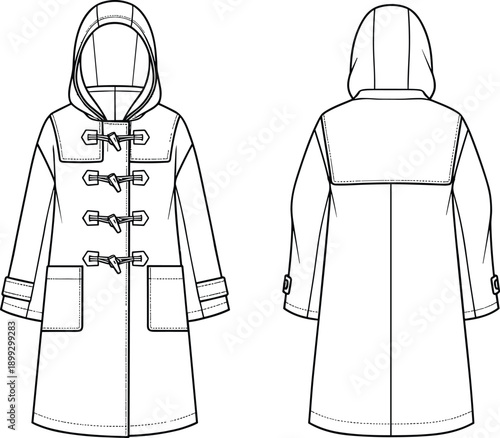 Duffle coat line art illustration showing front and back views hooded winter jacket technical fashion outline isolated on white background