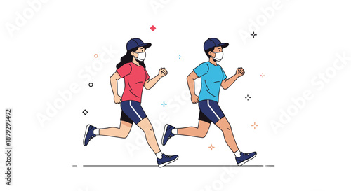 Man and woman wearing face masks and sportswear jogging together to maintain fitness while staying safe in public spaces.