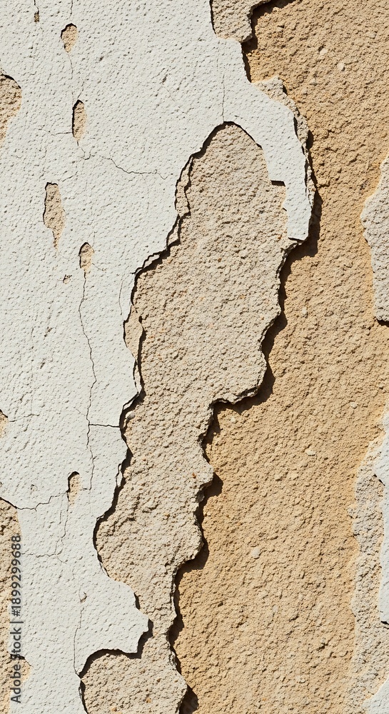 Obraz premium Close up texture of old weathered wall with peeling layers of white and beige plaster, architectural decay