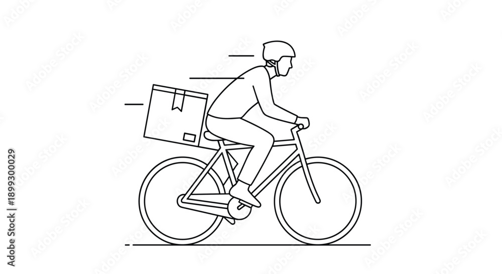 Fototapeta premium Minimalist line art drawing of delivery person on bicycle carrying cardboard box for fast courier service delivery.