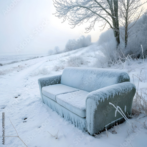 a sofa covered in ice sits in the snow