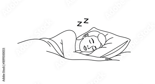 Peaceful black and white line art illustration of young woman sleeping soundly in bed with head on pillow and closed eyes.