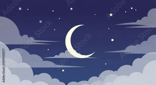 Crescent Moon Shining Brightly among Stars in Night Sky with Clouds, Vector Illustration