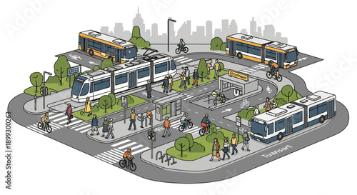 Urban Transport Hub: Tram, Bus, Subway Station, Cyclists, Pedestrians, Cityscape