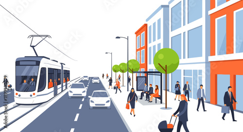 Modern City Street Scene with Tram, Cars, People, and Buildings