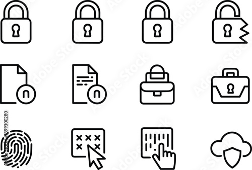 Digital safety line icons set including locked files biometric scan cloud backup and passwords