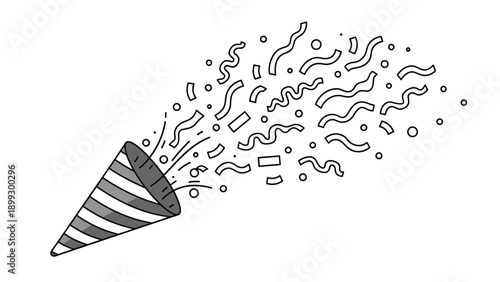 Detailed black and white line art of a striped party popper cone with many flowing streamers and small confetti circles.
