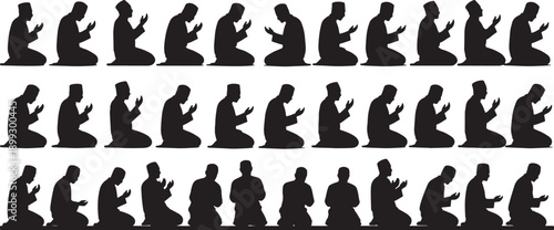 Collection of identical male silhouette figures kneeling in prayer position facing forward and sideways symbolising devotion and Islamic worship practices.