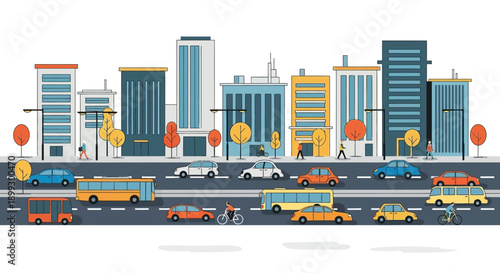 Cityscape with traffic, buildings, cars, buses and pedestrians on a white background.
