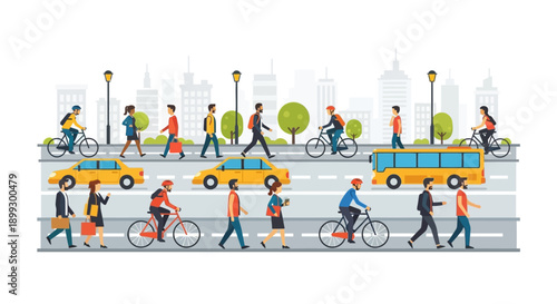 City Street Scene with People, Cars, Bus, and Bicycles