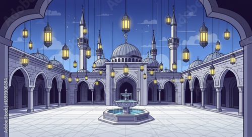 Mosque Courtyard with Lanterns and Fountain under Blue Sky