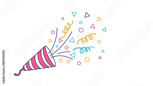 Pink and white striped party popper cone with vibrant geometric confetti exploding for a girl's birthday or baby shower.