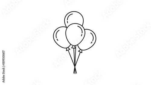 Minimalist black and white line art of four balloons tied together with strings for celebration and party decorations.