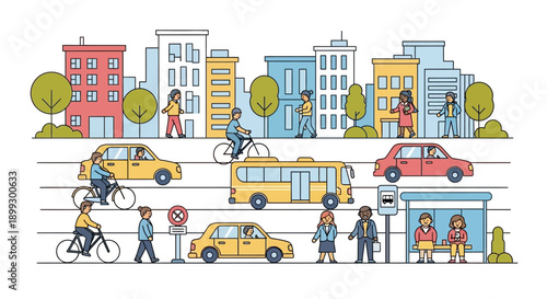 Diverse City Life: People, Cars, Bus, Bikes, Buildings, Street Scene