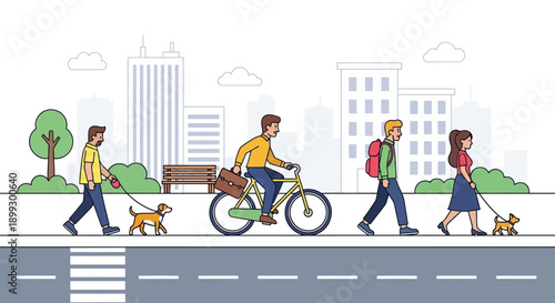 Urban lifestyle: people walking dogs and cycling in a city park with buildings