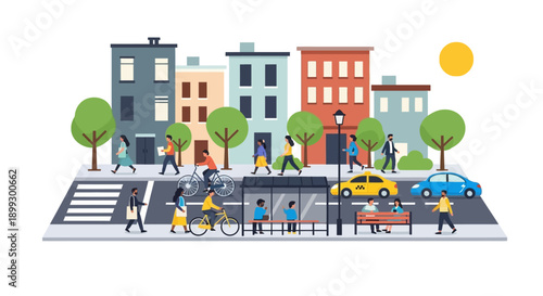 Vibrant City Life: People, Cars, and Buildings in a Colorful Urban Scene