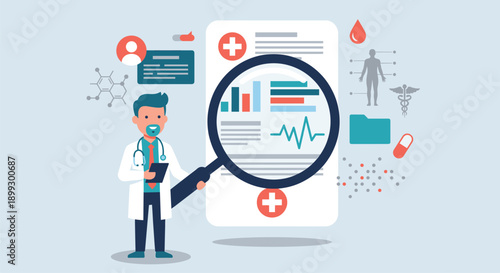 Doctor examining medical records data with magnifying glass healthcare analysis and diagnosis concept illustration