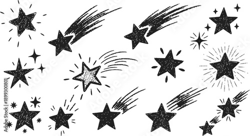Doodle Chalk Stars Hand Drawn Black Sketch Stars Sparkles Shining Bursts With Grunge Charcoal Texture Pencil Comets And Meteor