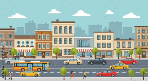 City Street Scene with Buildings, Cars, Bus, and Pedestrians