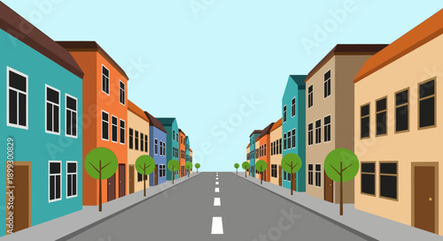 Colorful Cartoon Street with Houses and Trees - Vector Illustration