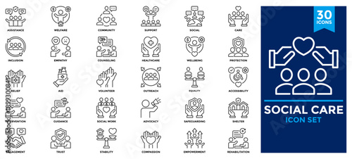 Social Care icon collection. Containing support, welfare, assistance, protection, counseling, empathy, aid, relief, social work, guidance, intervention, rehabilitation icon. Line vector illustration.
